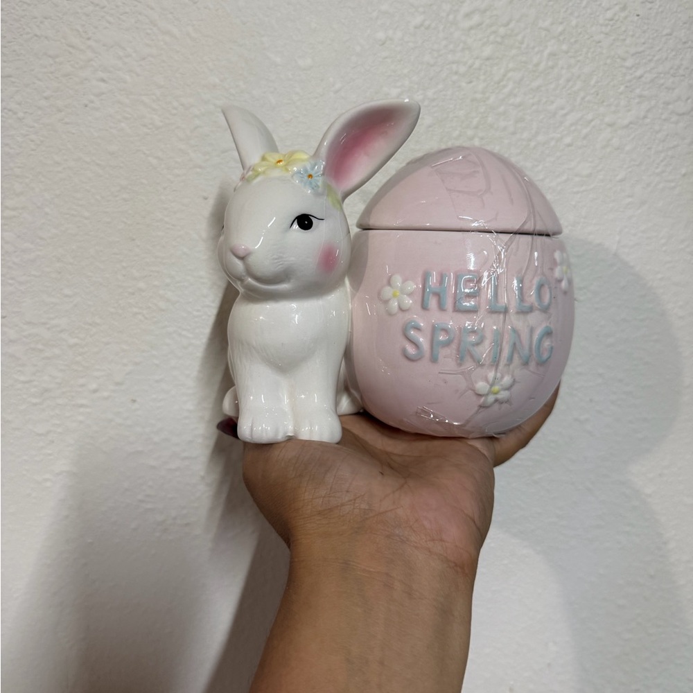 Ceramic Easter Bunny & Pink Egg Candy Dish "Hello Spring" Figural Lidded Jar